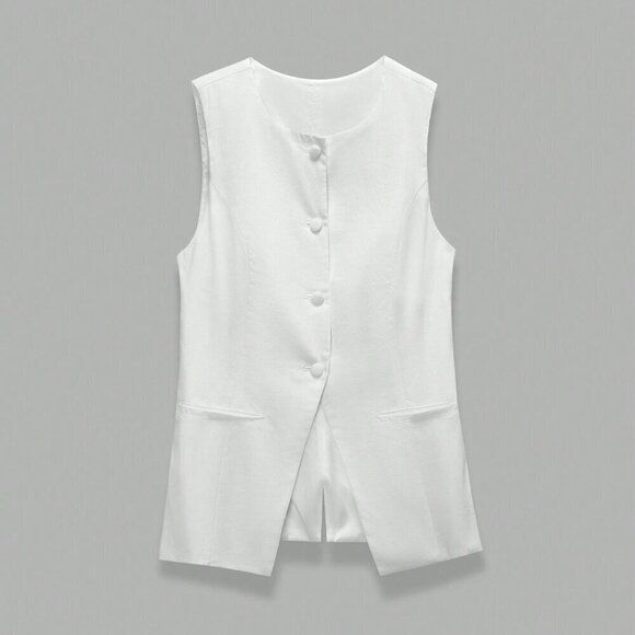 White Casual Women's Solid Button Front Vest Blazer - Picture 3 of 7
